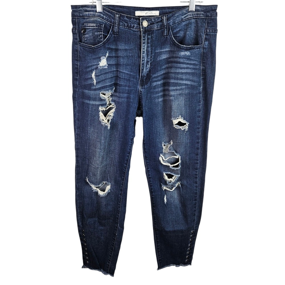 KanCan Womens Size 13 Distressed Cropped Jeans Dark Wash Studded‎ Hem Denim